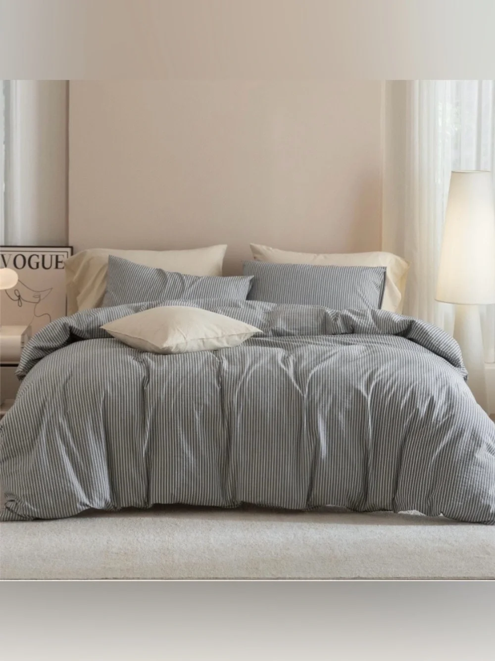 FULL Striped Duvet 3 Pc Set 100% Washed Cotton - DARK GRAY with WHITE STRIPE